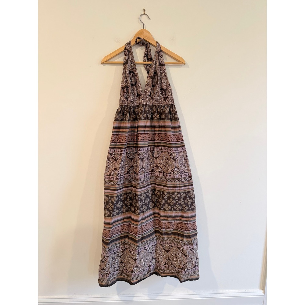 Y2K Gap Brown Paisley Halter Maxi Dress Cotton Boho Smocked Waist Medium